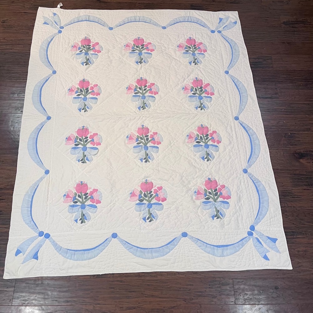 Arch Quilts Floral Applique Quilt Vtg 68x86 White Pink Blue Cottagecore